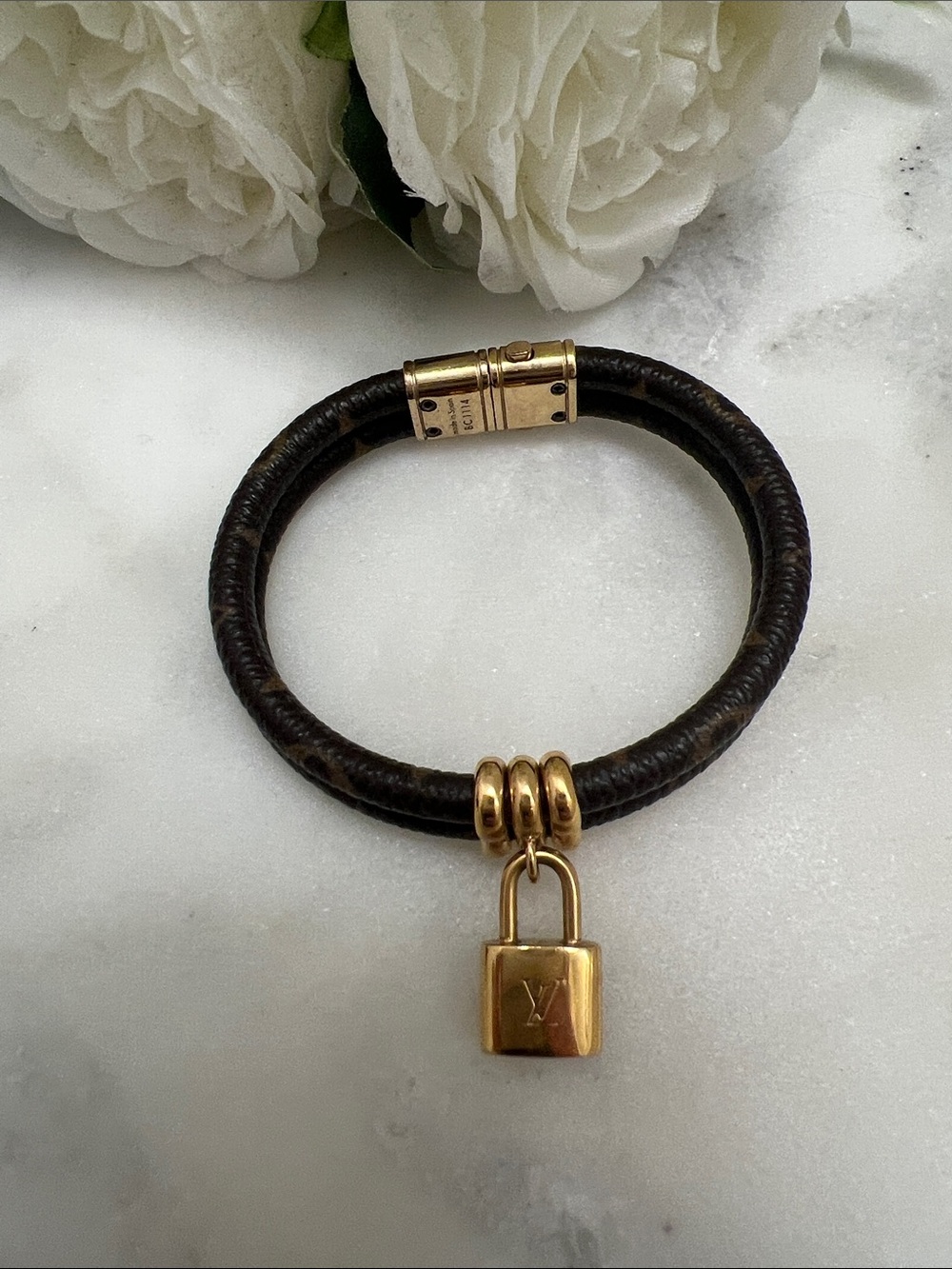 Louis Vuitton Brown Leather Bracelet with Gold Padlock Charm